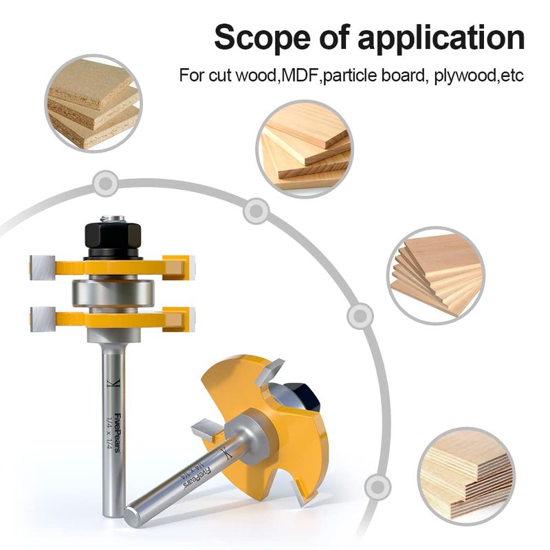 FivePears 2 Pieces of Tongue and Groove Router Bits Set with 1/4" Shank,3 Teeth T Shape Wood Milling Cutter Woodworking Tool - Image 3